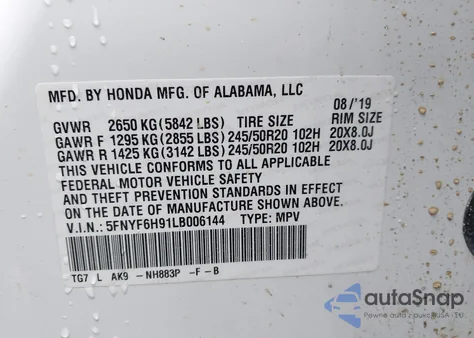 2020 Honda Pilot Awd Touring 8 Passenger из США, поврежденный, VIN 5FNYF6H91LB006144